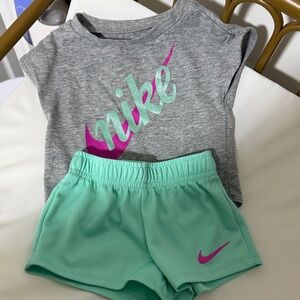 Nike Gray Tee with Mint Green Shorts and Magenta Swoosh